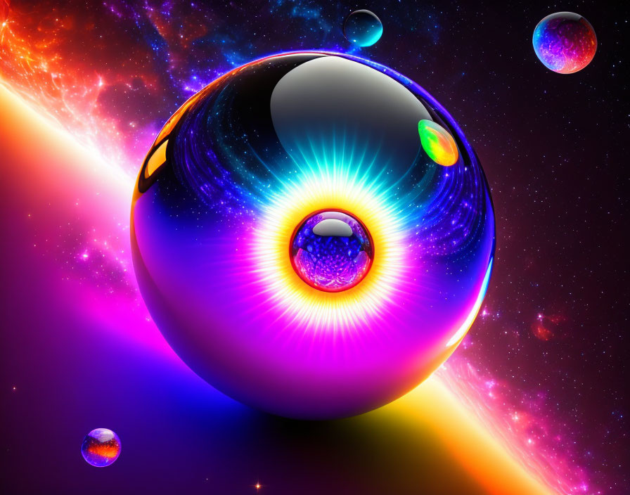 Colorful Nebulae and Reflective Spheres in Futuristic Space Scene