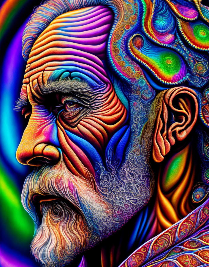 Vibrant psychedelic portrait of an elderly man with swirling patterns