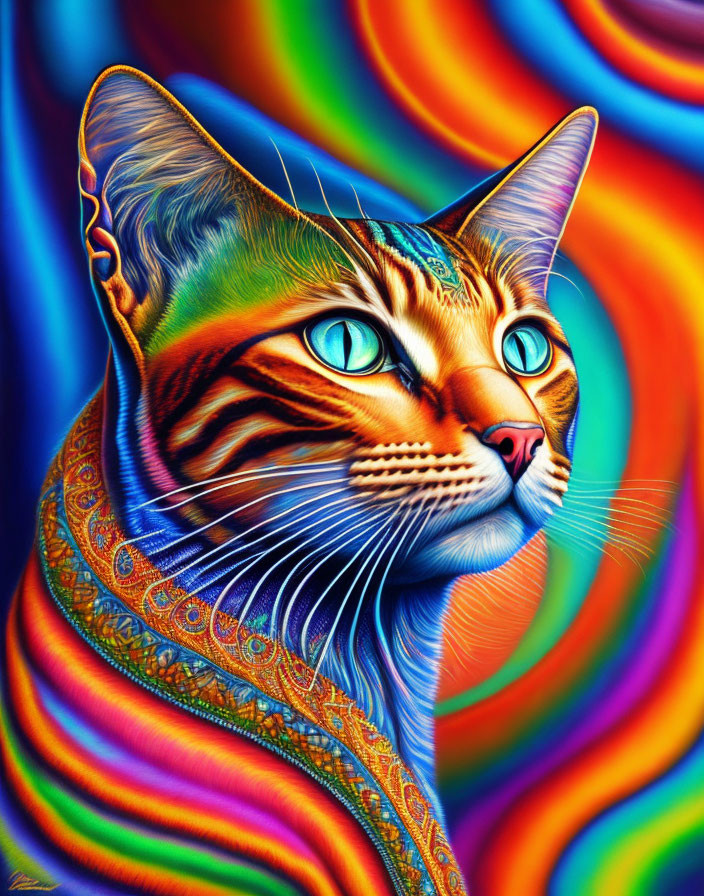 Colorful Psychedelic Cat Artwork with Swirling Background