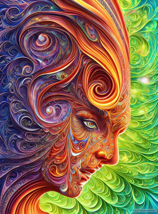 Colorful Swirling Abstract Portrait with Surreal Face and Dreamy Expression