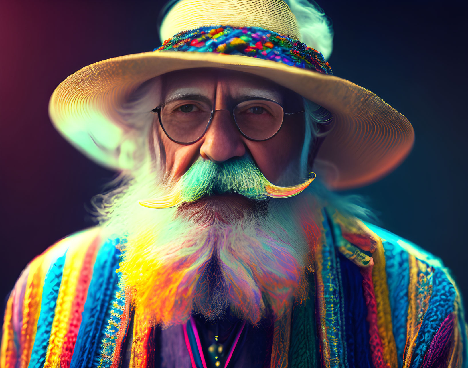 Elderly man with white mustache, glasses, colorful hat, and patterned shirt on dark
