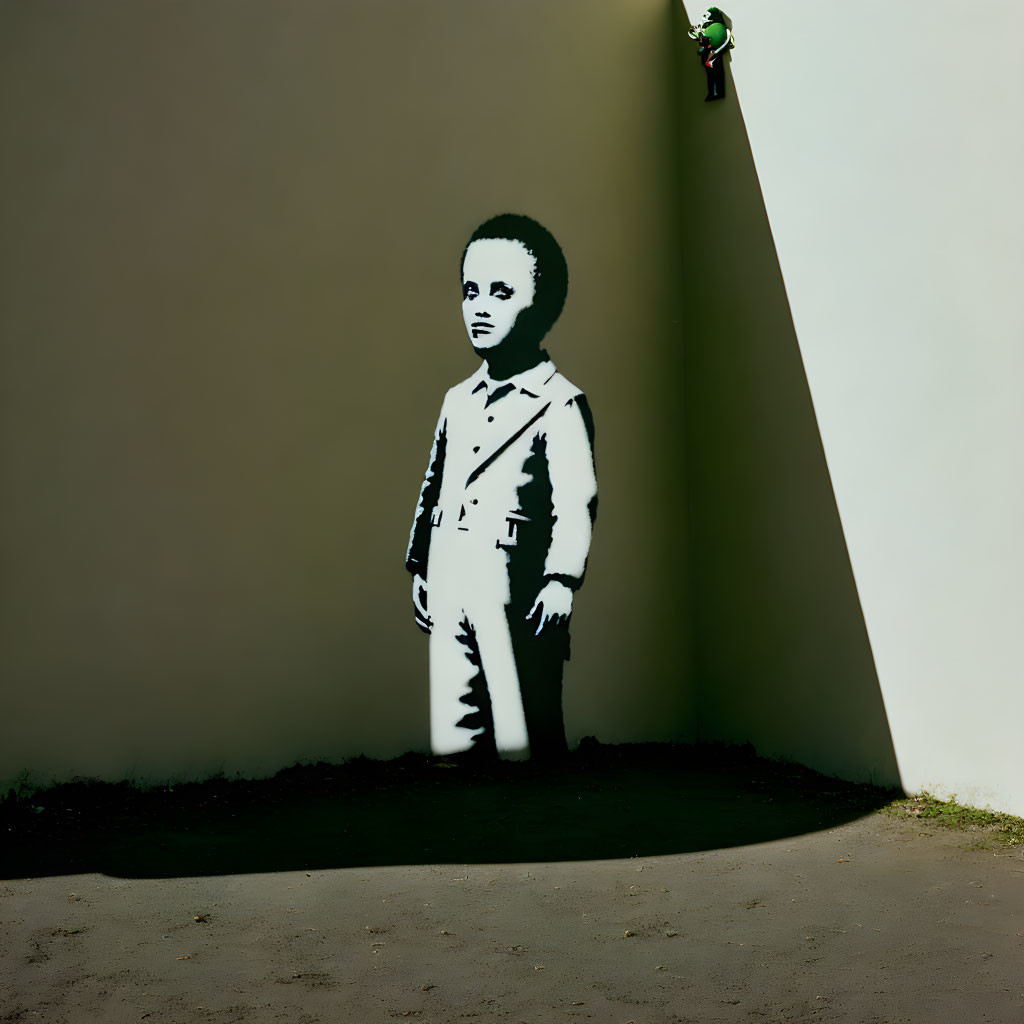 Monochrome graffiti of child in suit with 3D illusion and spotlight shadow