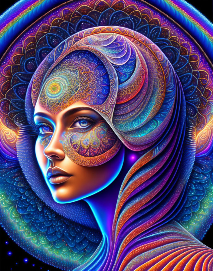 Colorful Digital Artwork: Woman with Mandala Designs and Psychedelic Layers