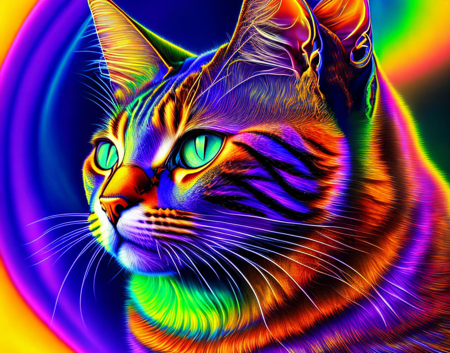 Colorful digital artwork: Neon rainbow cat on swirling psychedelic background