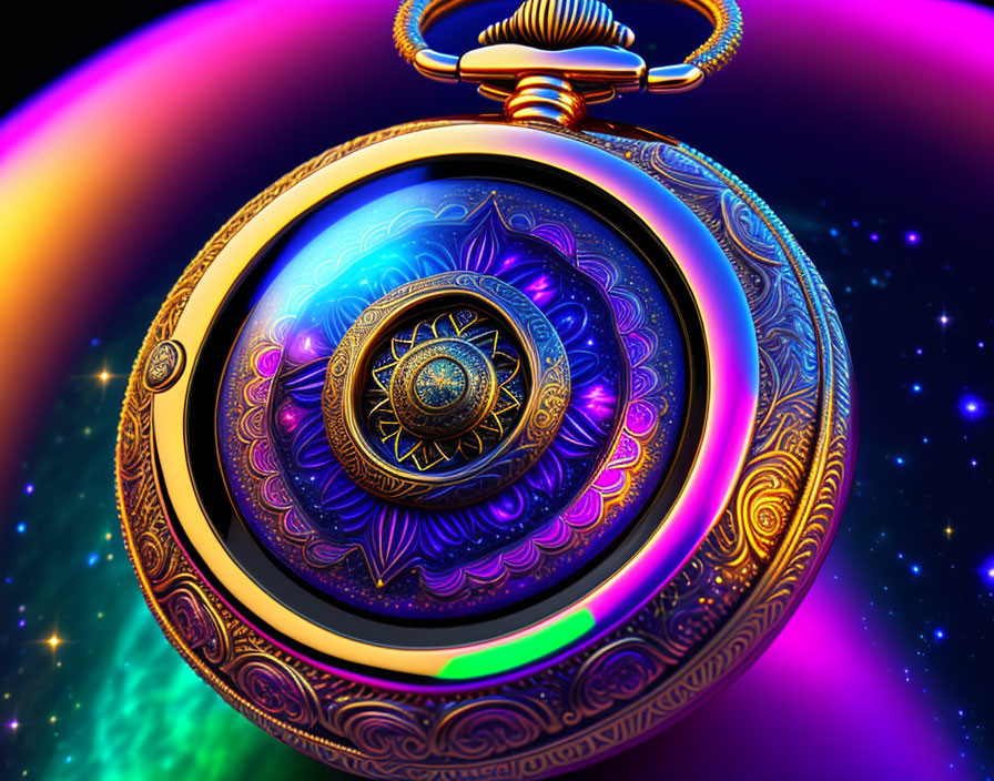 Intricately designed pocket watch with vibrant patterns on cosmic background