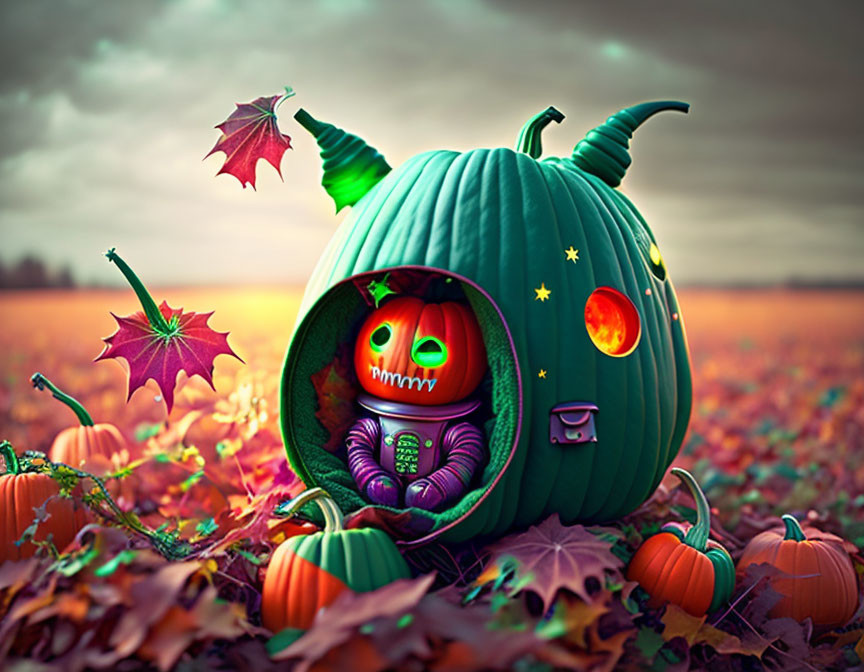 Green Jack-o'-lantern in Purple Suit with Pumpkins and Leaves in Twilight Scene