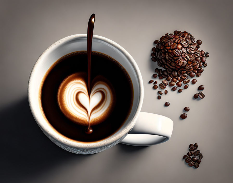 Cream Ceramic Cup with Heart Latte Art and Coffee Beans on Surface