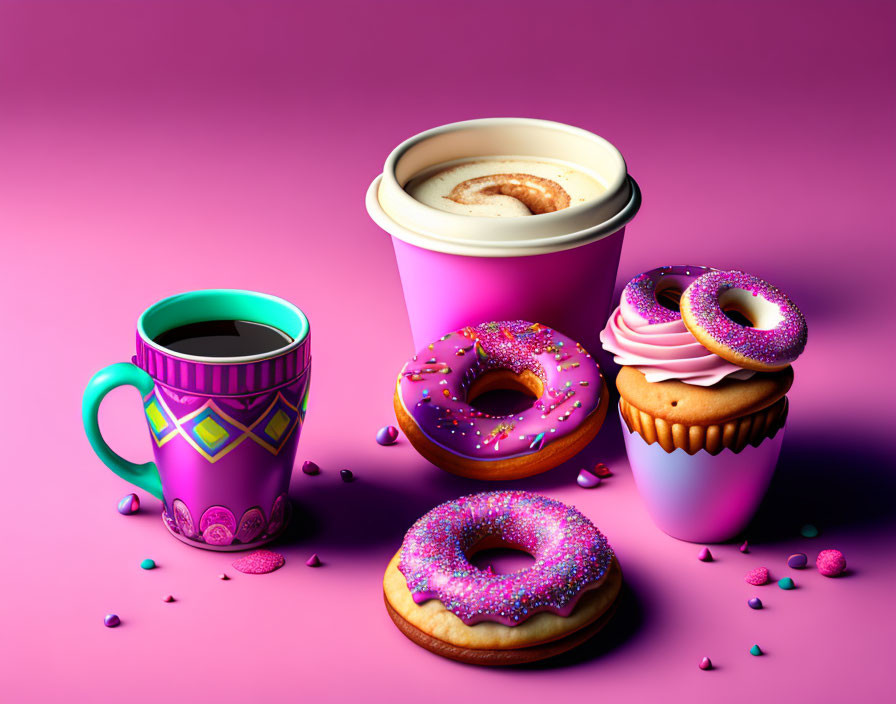 Vibrant coffee mug, takeaway cups, and donuts on purple background