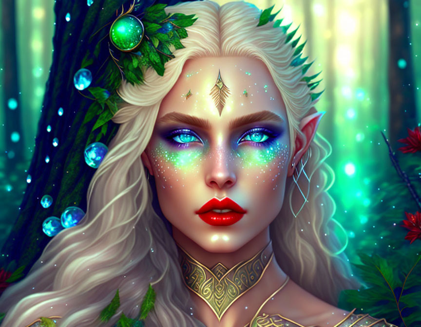 Illustrated elf woman with blue eyes and nature-inspired jewelry in magical forest setting