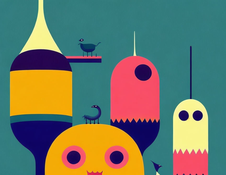 Colorful whimsical towers with bird-like creatures on teal background