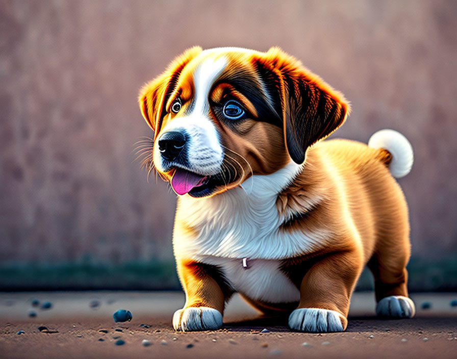 Tricolor Puppy with Floppy Ear and Bright Eyes Standing on Textured Surface