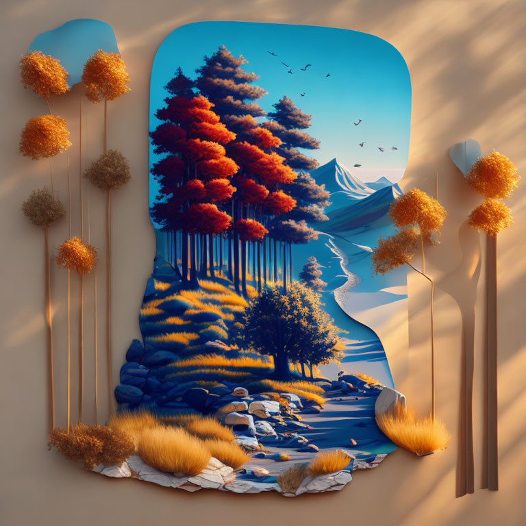 Stylized autumn landscape with river, mountains, and birds under blue sky framed in abstract cutout