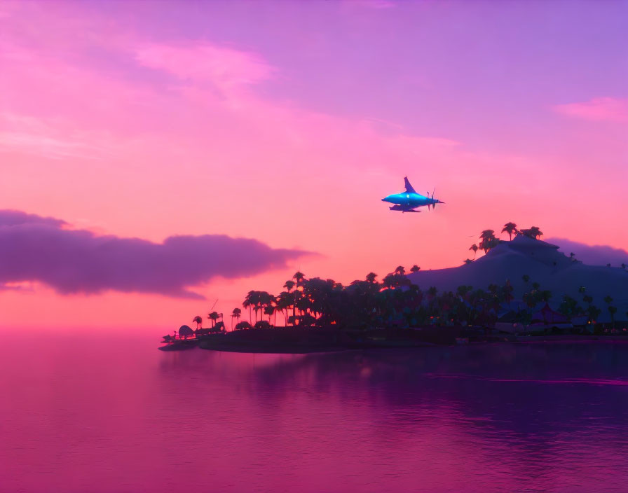 Airplane flying over tropical island at pink and purple sunset