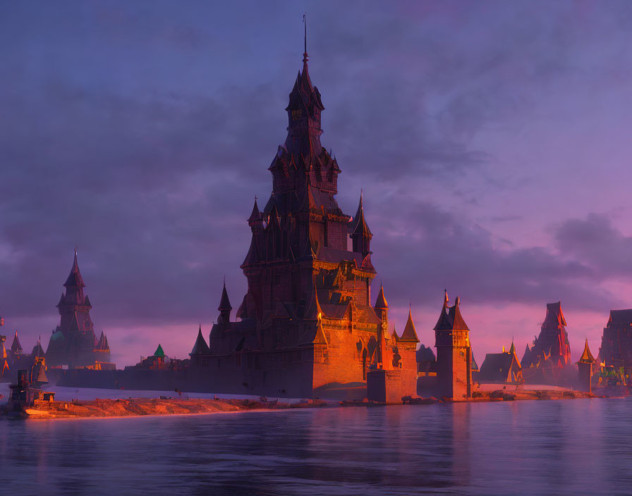 Enchanting castle with spires reflected in twilight sky over tranquil water