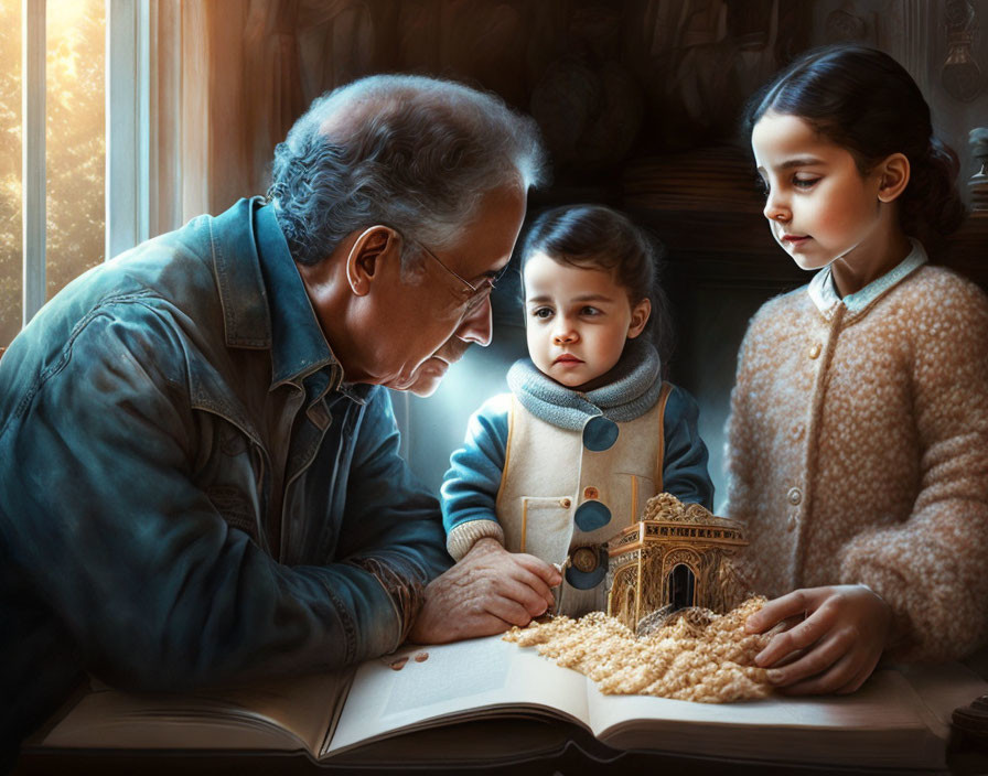 Elderly man reading to children with miniature house and grain on page