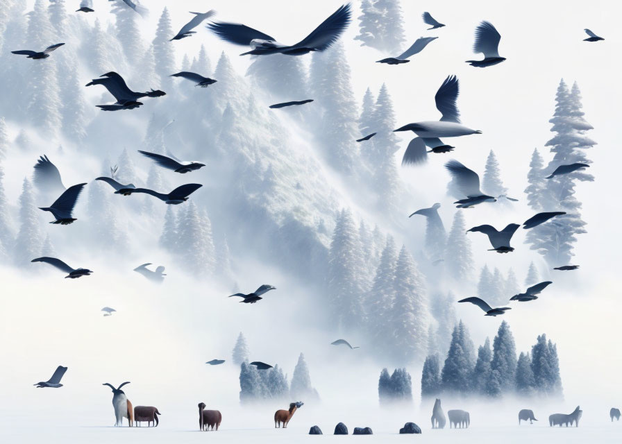 Tranquil winter scene with deer and birds in snowy landscape