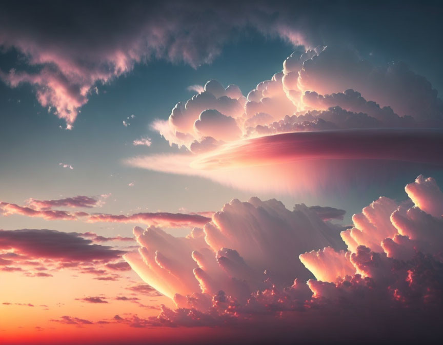 Vibrant pink and orange hues in dramatic sky with large cloud formation