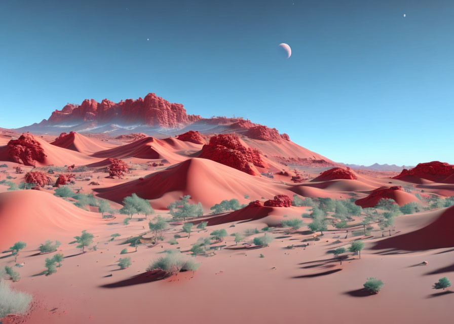 Red sand dunes, mountain range, crescent moon: serene desert landscape