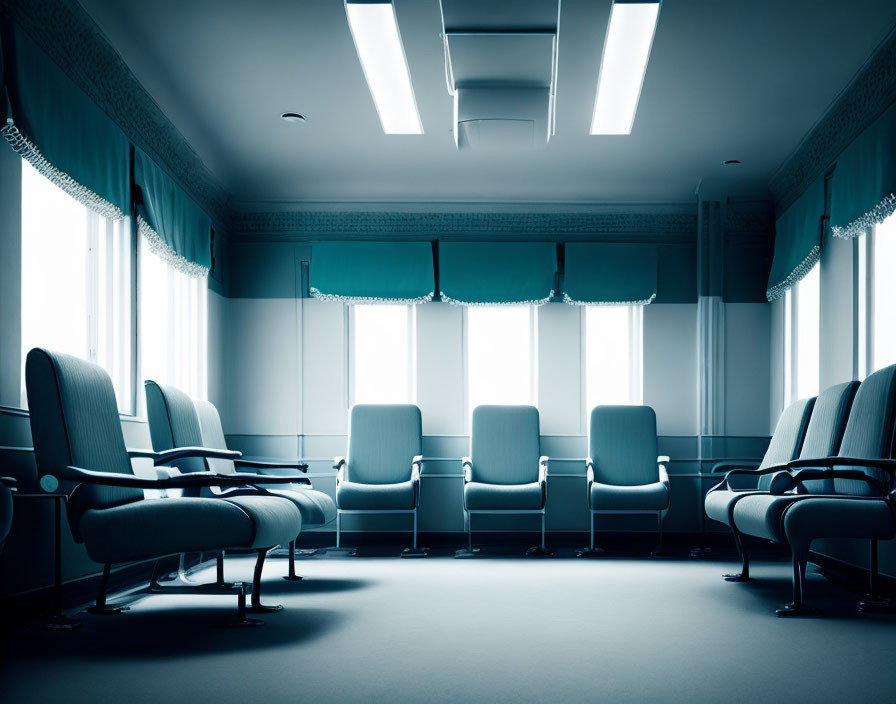 Spacious modern meeting room with rows of chairs, carpeted floor, large windows, and fluorescent lights