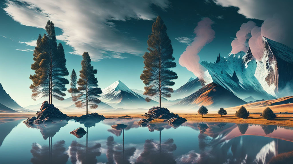 Surreal landscape: tall trees, mirror-like lake, mountains, blue sky.