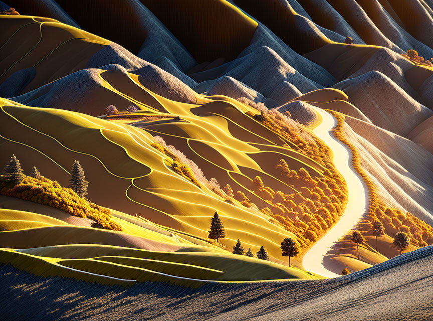 Golden sunlight illuminates rolling hills with scattered evergreen trees.