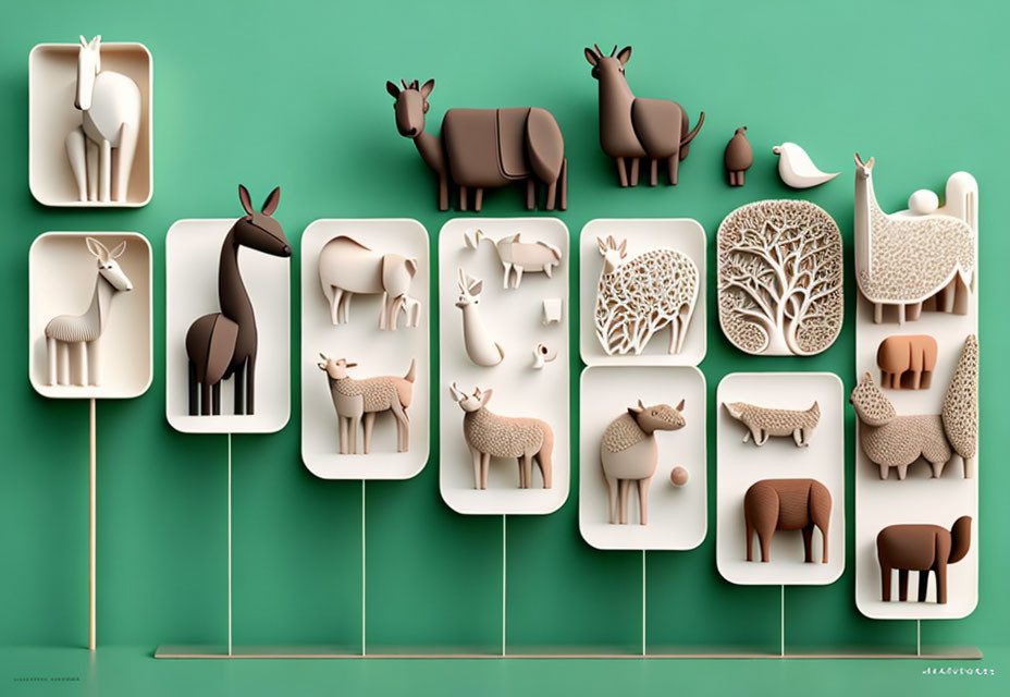 Colorful Paper-Craft Animal Figures on Green Background