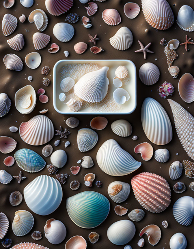 Colorful Seashells and Starfish on Sand and in White Dish