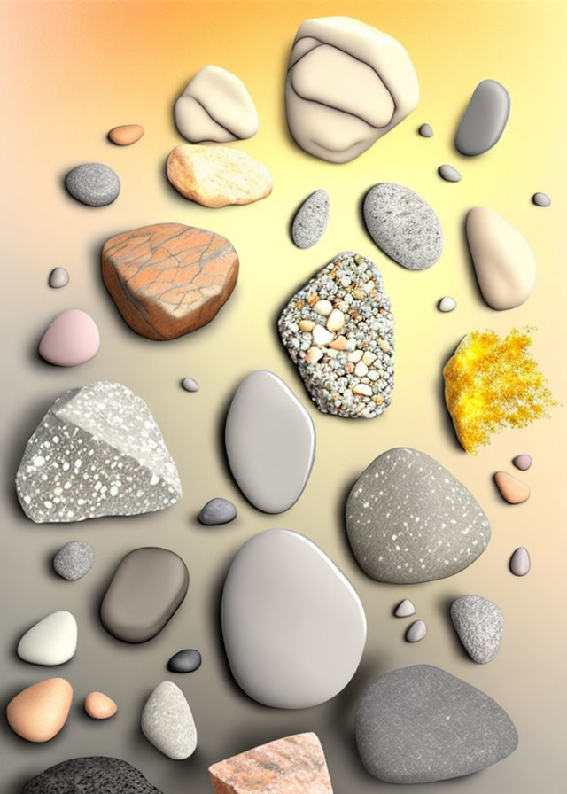 Assorted pebbles and stones in different shapes, sizes, textures, and colors on a light