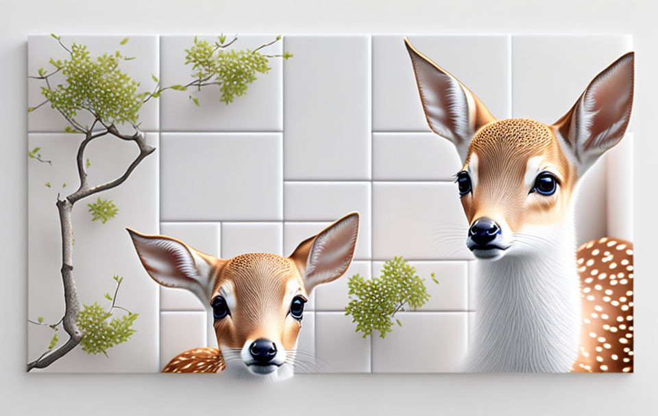 Three-Panel Canvas Wall Art: Illustrated Deer with Prominent Eyes and Ears on White Tiles and