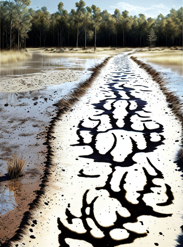 Forest unpaved road with puddles and tire tracks under tall trees and sunny sky