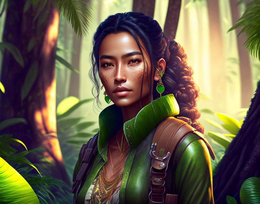 Digital portrait: Woman with braid, freckles, green leaf earrings in lush jungle.