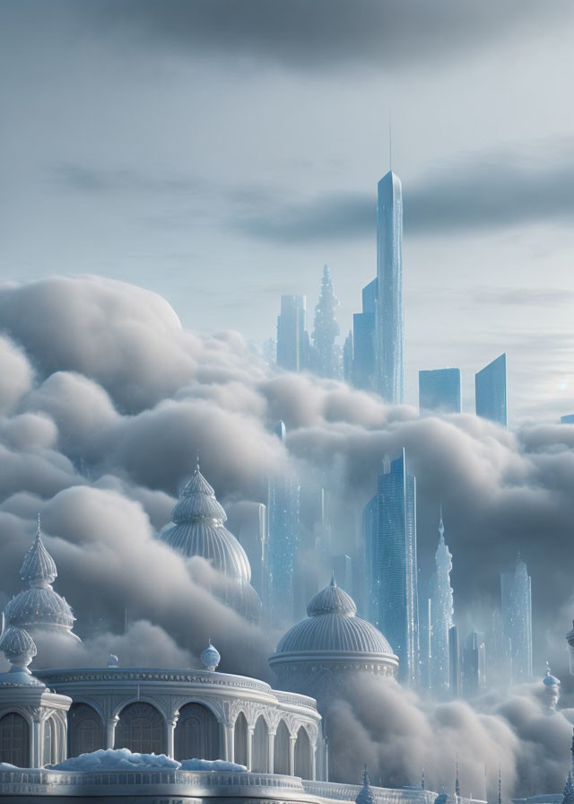 Futuristic cityscape blending domed architecture and sleek skyscrapers above clouds