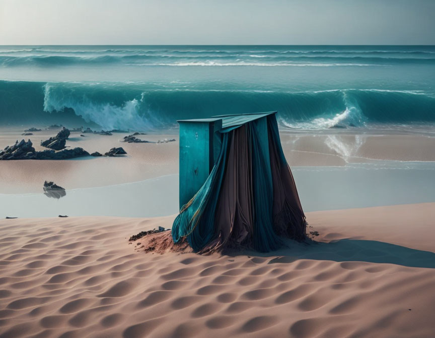 Surreal blue door with flowing curtains on sandy beach with crashing waves