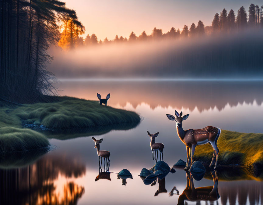 Tranquil twilight lake scene with deer and misty reflections