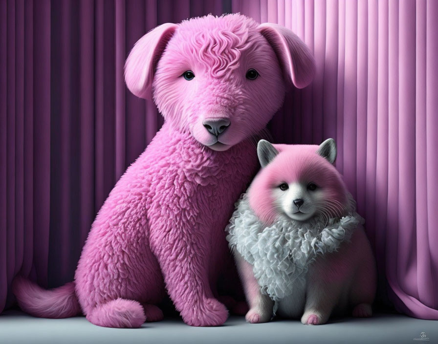 Two dogs of different sizes and fur textures on a purple background.