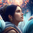 Serene woman with ornate hair accessories in winter scene