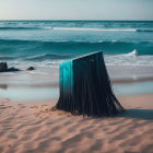 Surreal blue door with flowing curtains on sandy beach with crashing waves