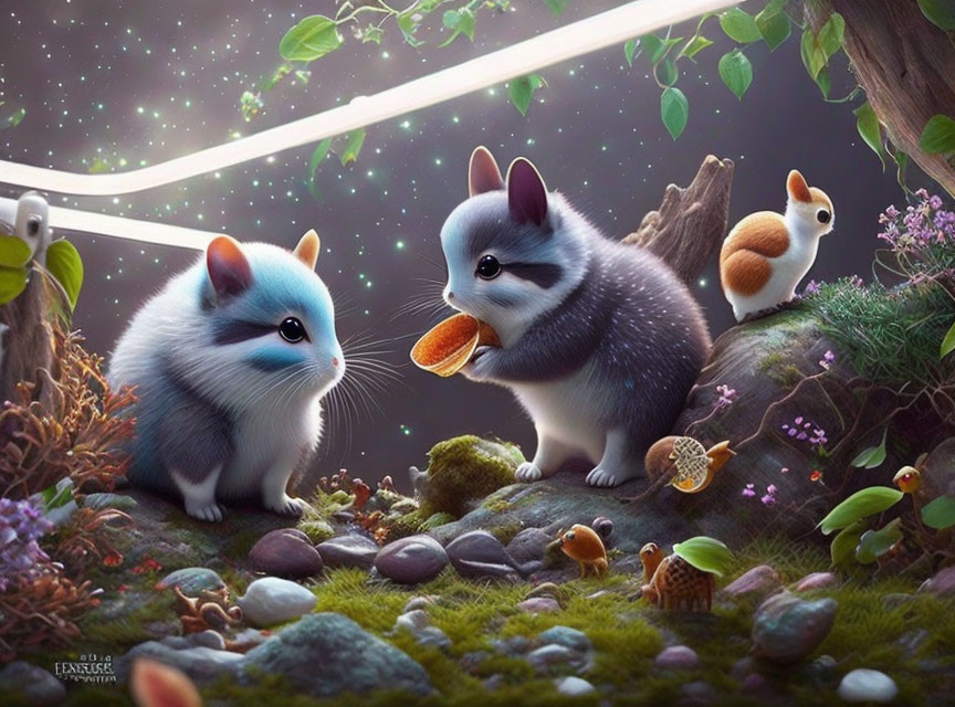 Chubby fluffy animals in enchanted woodland with snail and squirrel