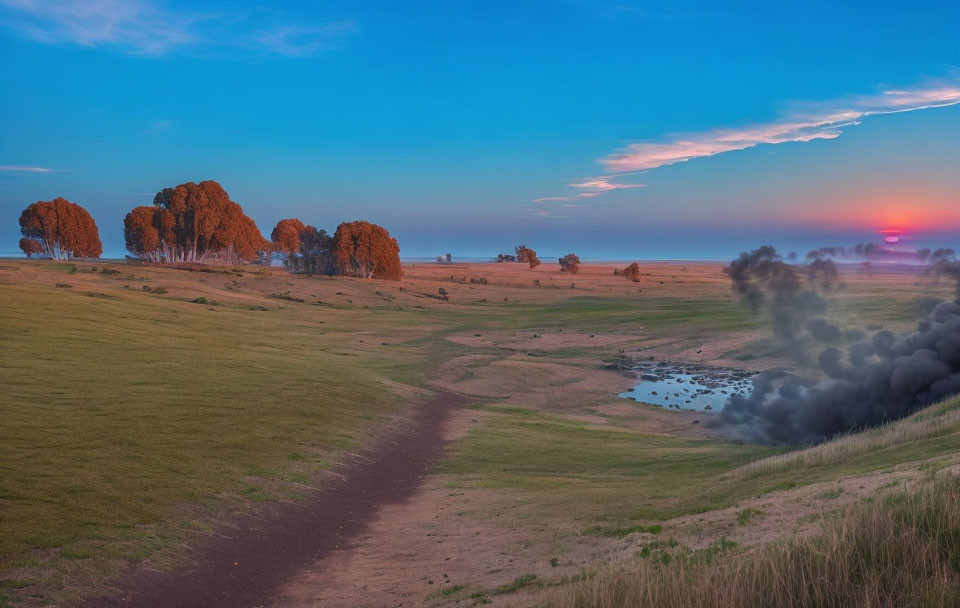 Tranquil landscape at dusk with winding trail, pond, smoke, and illuminated trees