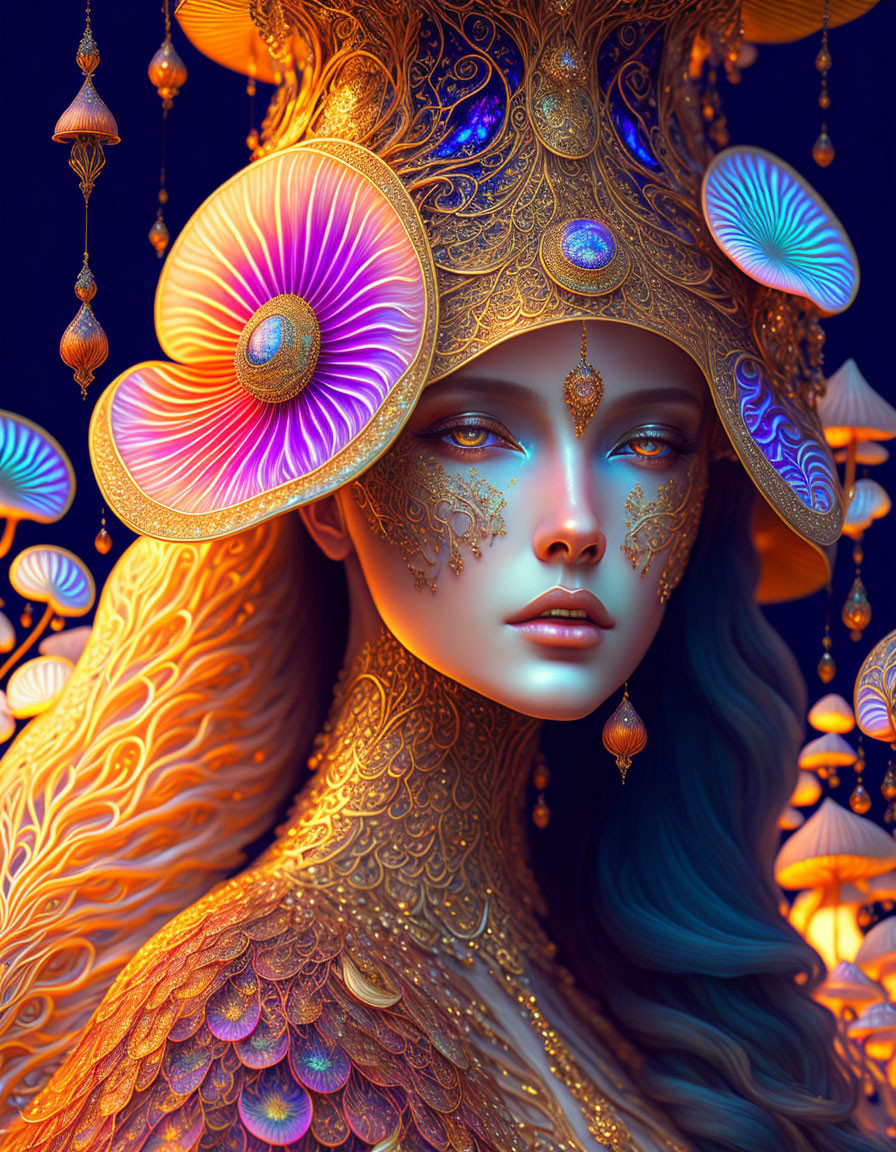 Portrait of woman with ornate golden mushroom headgear and vibrant blue accents