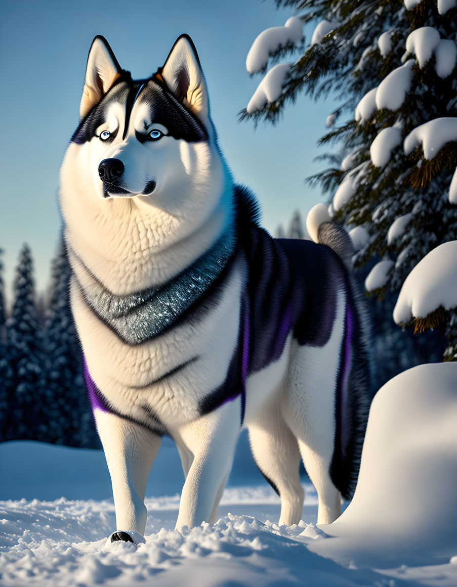 Striking Siberian Husky with Blue Eyes in Snowy Landscape