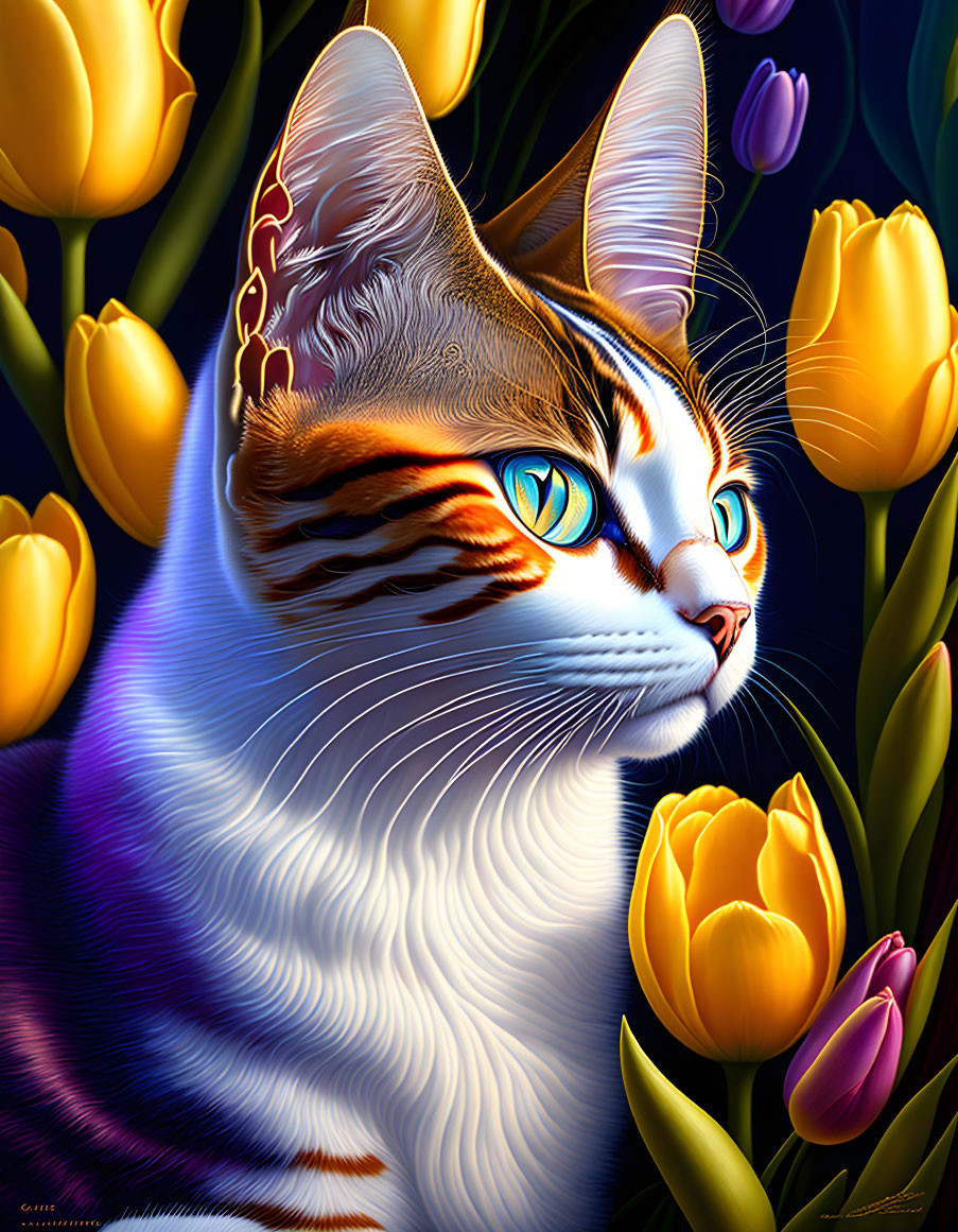 Colorful Cat Among Tulips with Blue Eyes and Stylized Fur