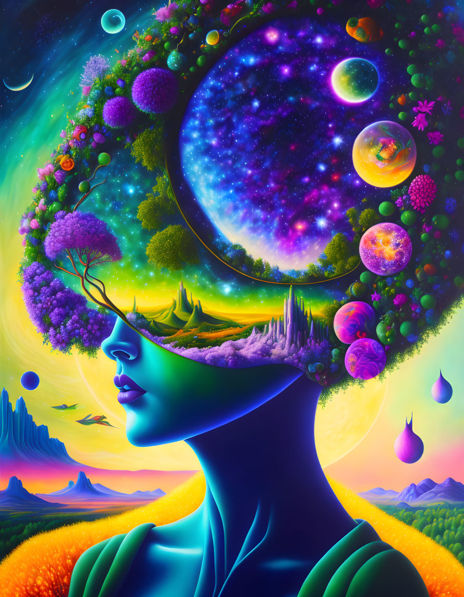 Illustration of woman's profile with cosmic and nature elements