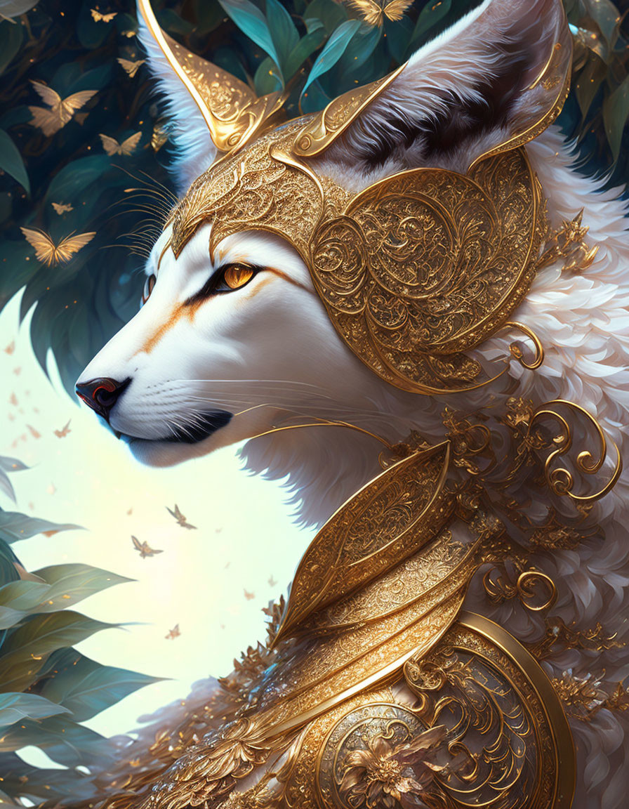 Majestic white fox in golden armor surrounded by foliage