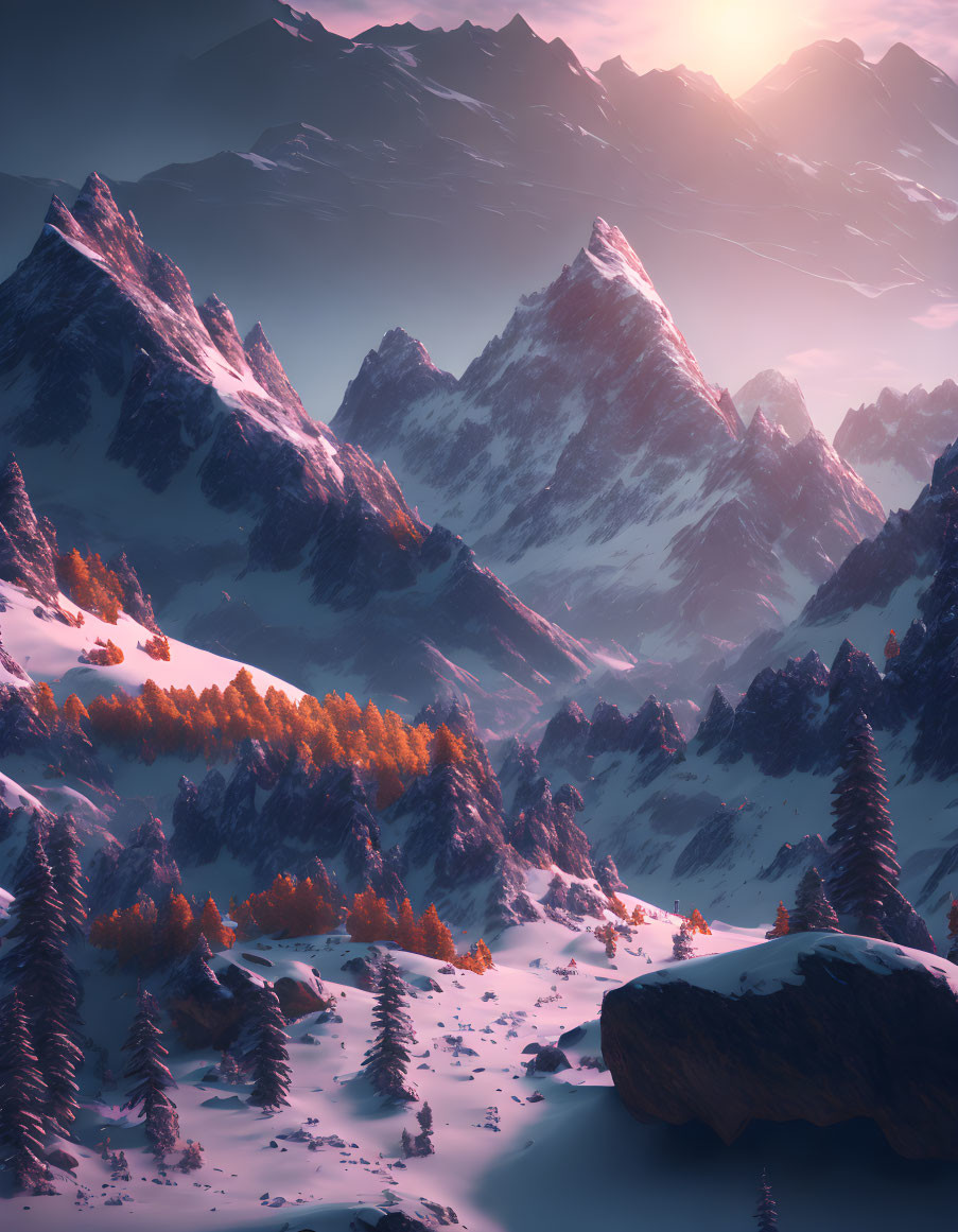 Snowy Mountain Sunrise: Warm-lit Peaks & Forested Valley