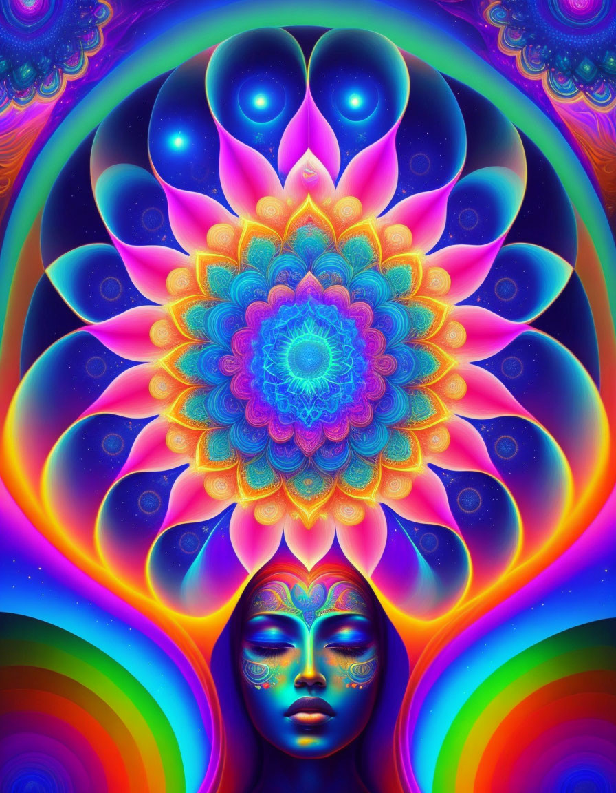 Colorful Psychedelic Mandala Surrounds Blue-Faced Figure