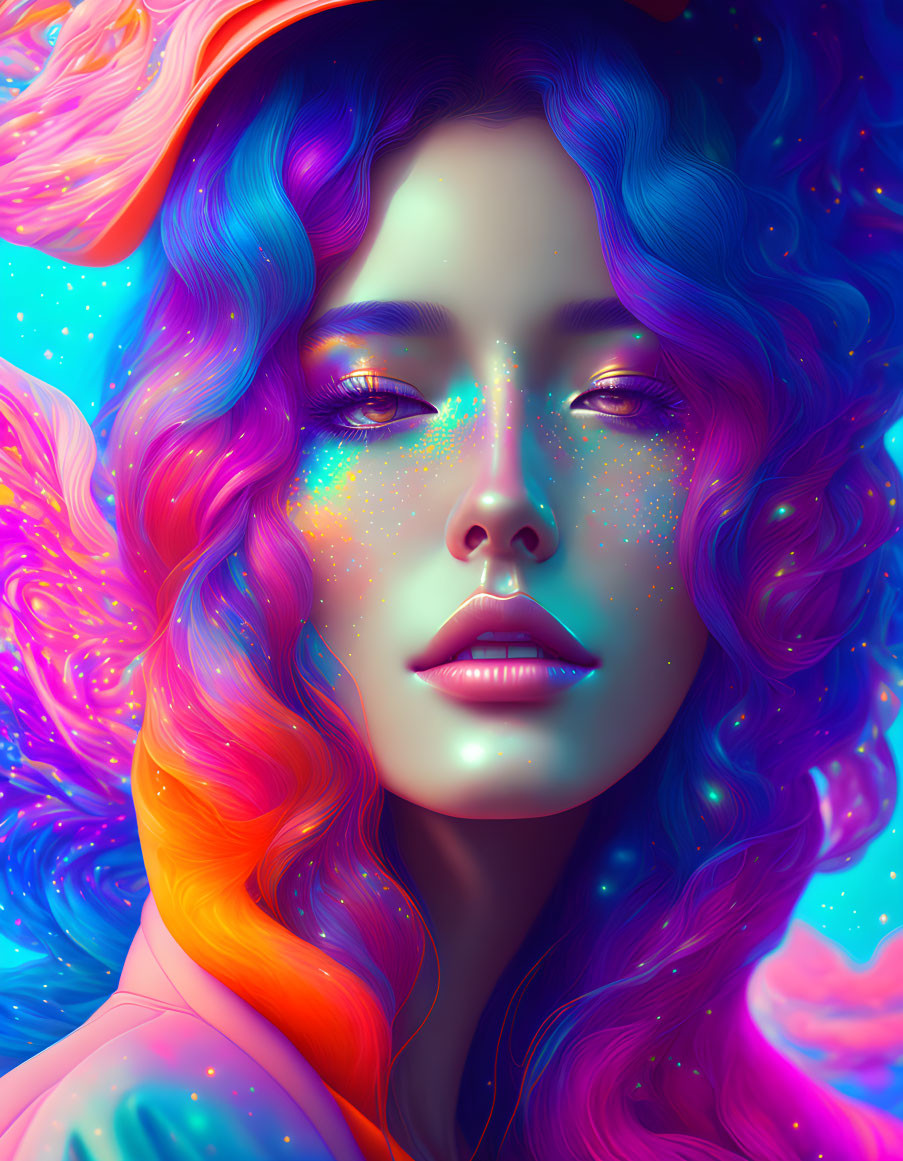 Vibrant multicolored hair and freckles in surreal portrait