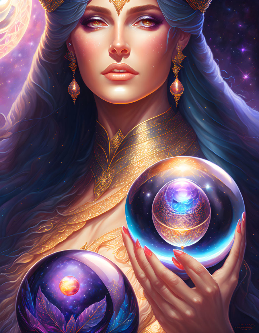 Ethereal woman with blue eyes holding cosmic orbs in starry setting