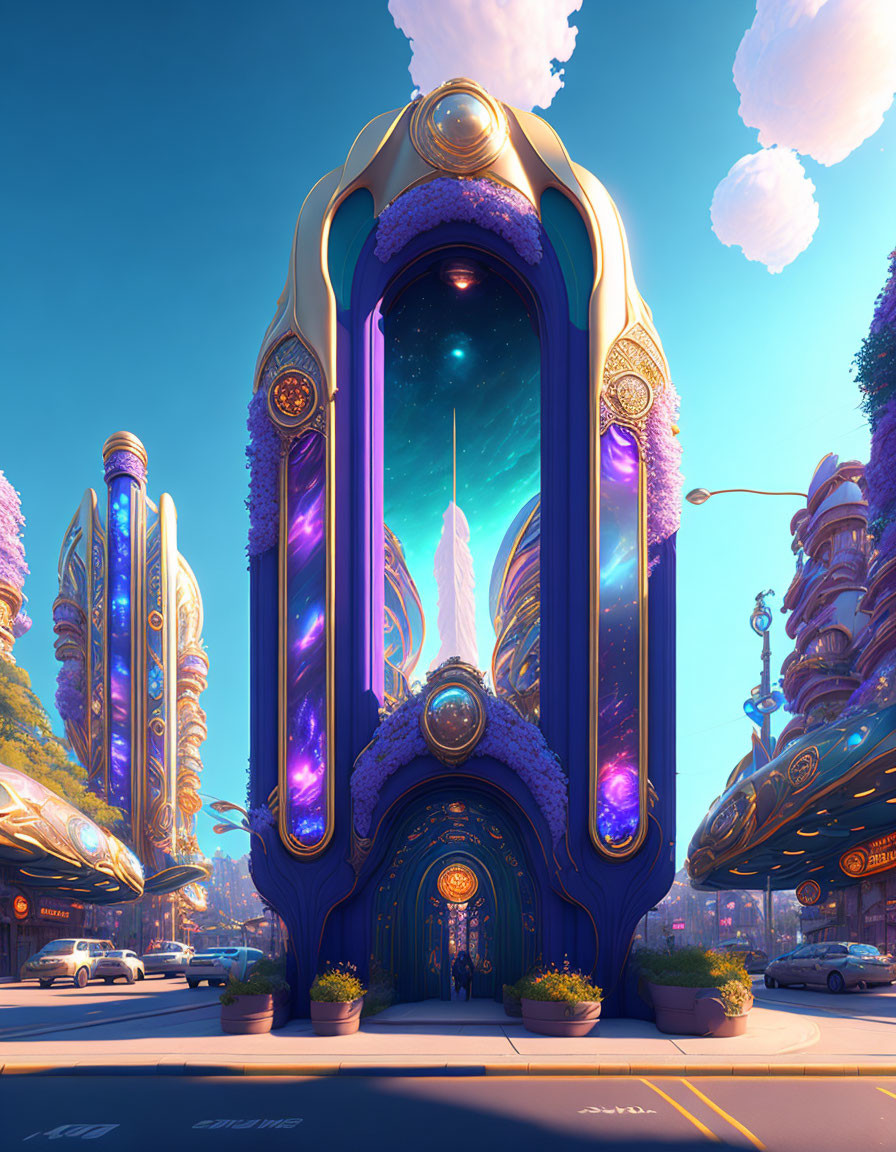 Futuristic cityscape with ornate portal structure and whimsical trees