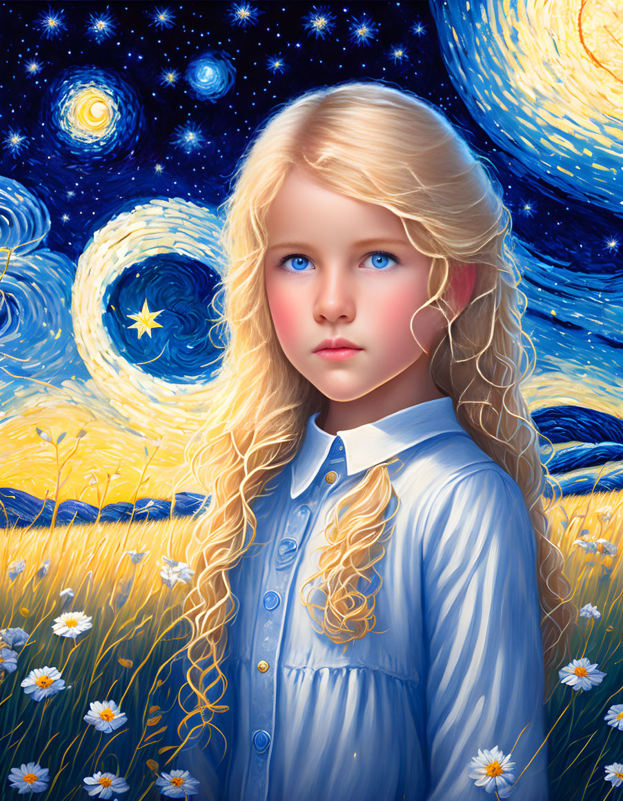 Young girl with long curly blonde hair and blue eyes in blue dress under starry night sky.